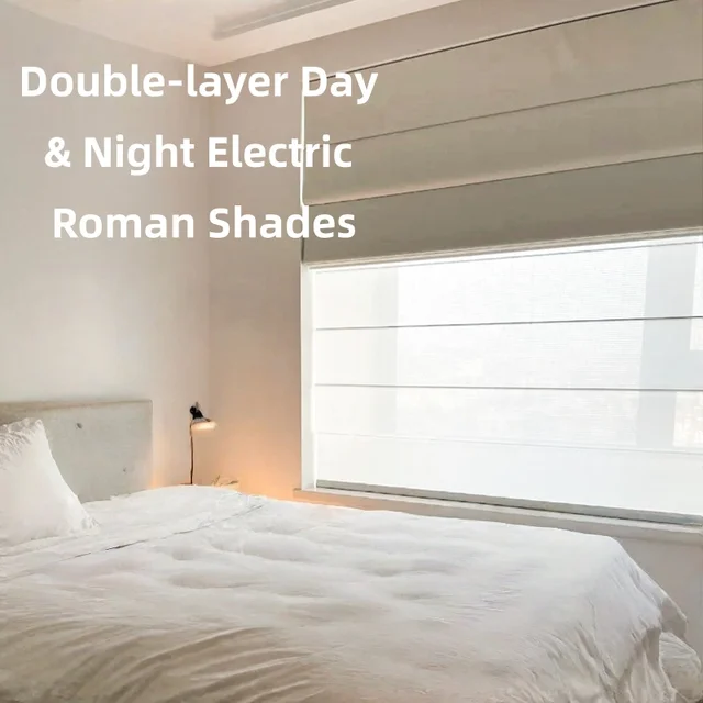 ม่านม้วนไฟฟ้าแบบสั่งทำพิเศษ Sunroad ผ้าลินินสองชั้น พับได้ กว้างพิเศษ ม่านม้วนอัจฉริยะ ม่านกันแดดกลางวันและกลางคืน 1