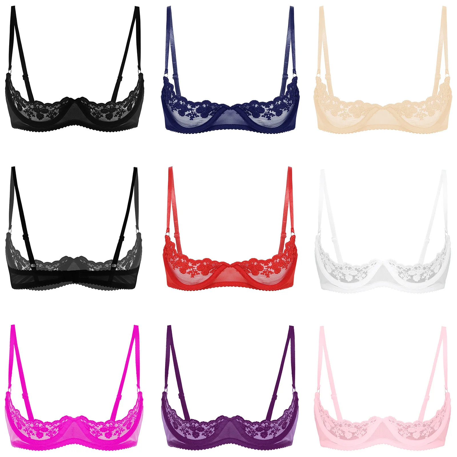 Women Lace Half Cup Bra Underwired Open Nipple Push Up Cupless Exposed Breasts Underwired See Through Sheer Lace Sexy Exotic Bra