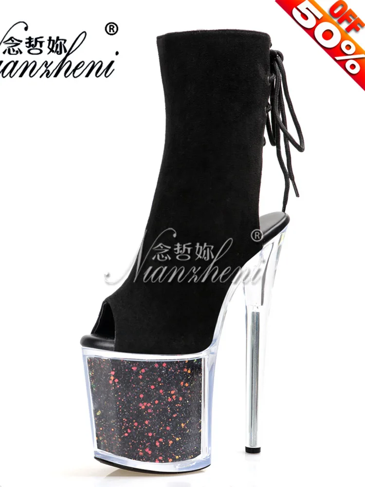 

Gothic 17cm Sexy Strip Pole Dance Peep Toe 8Inches Full Dress Lace Up Nightclub Platform Ankle Boots Fetish Models Exotic Dancer