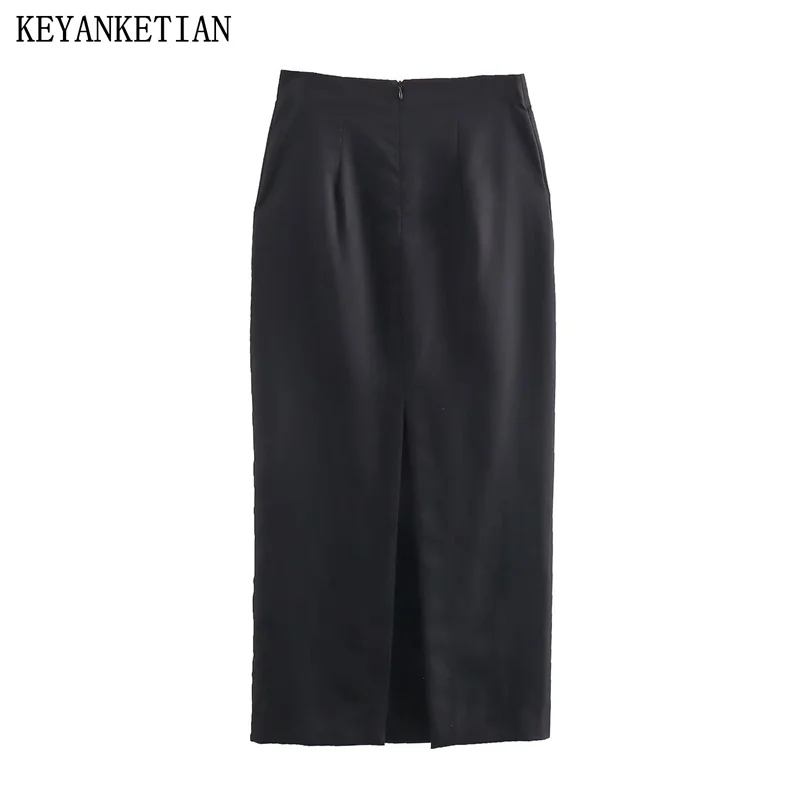 

KEYANKETIAN Summer New Zippered High-Waisted Women's Black Skirt Commuter Style Simple Basic Back Slit MIDI Skirt Long Skirt