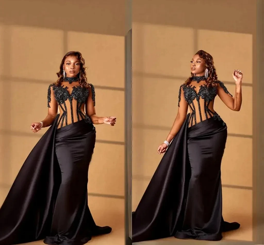 

Classic glamorous black Mermaid Decal high neck long sleeve wrap hip detachable skirt Ladies Luxury evening dress Cocktail party