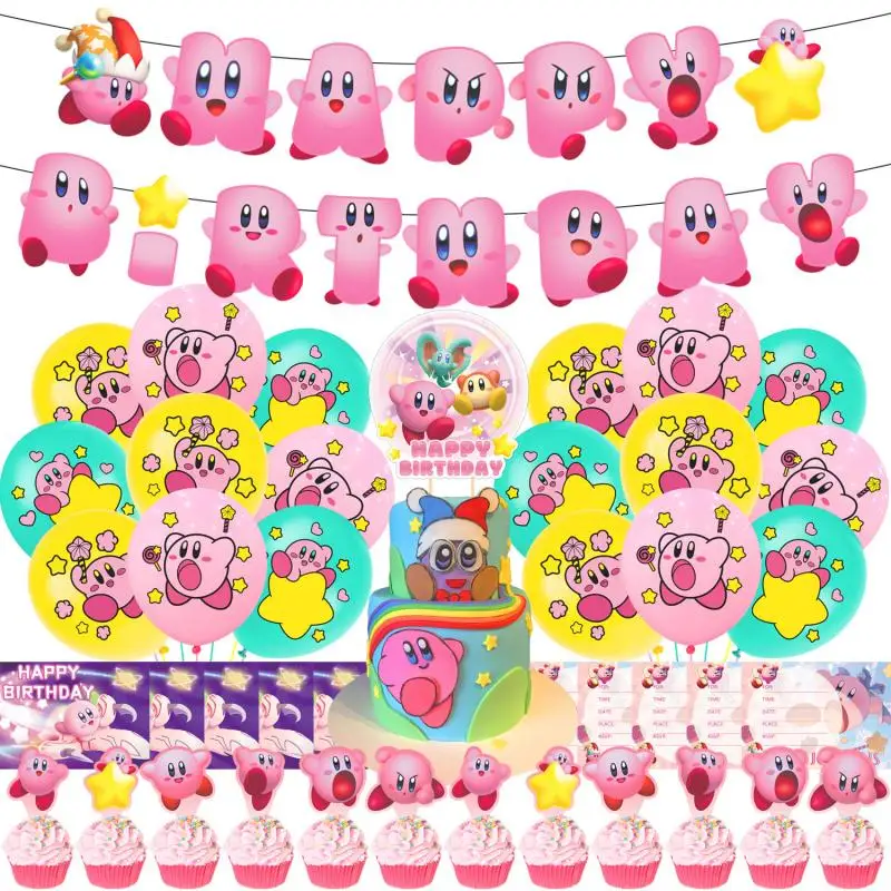 

Sanrio Theme Party Decoration Anime Kirby Pull The Flag Cake Flags Invitation Card Balloon Kawaii Child Birthday Scene Layout