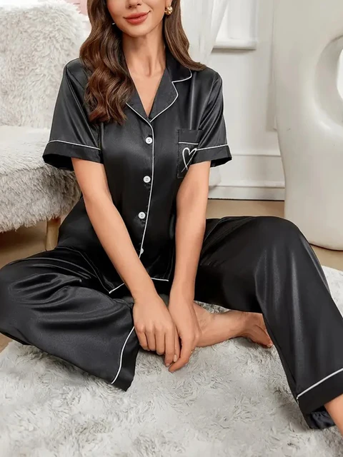 Women's Pajama Pocket Heart Embroidered Pajama Set Satin Comfortable Short Sleeve Button Pajama Lounge Pant For Women Sleepwear
