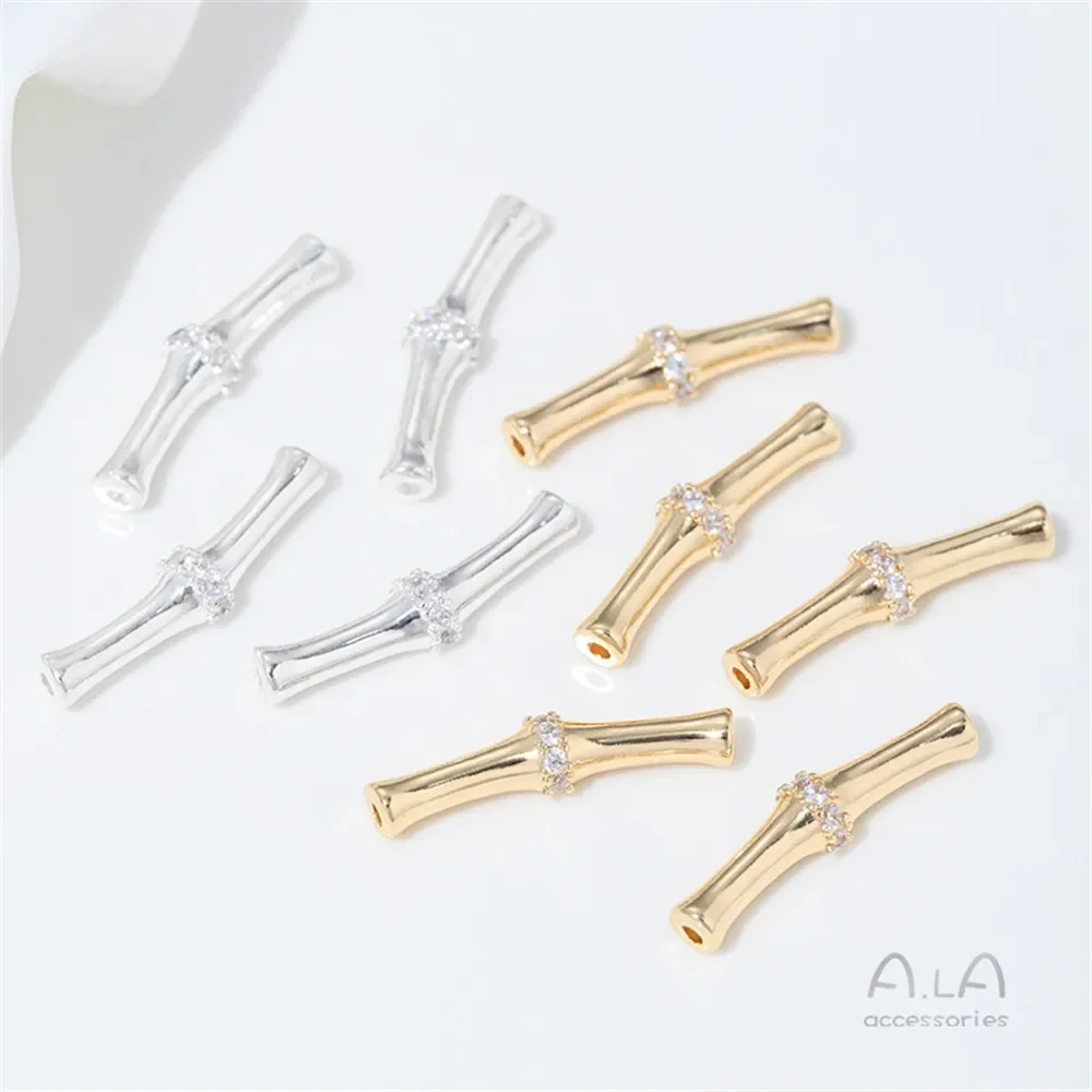 14K 금도금  지르코늄 인레이드 대나무 롱 튜브 비드 스페이서 엘보 펜던트 DIY 팔찌 목걸이 주얼리