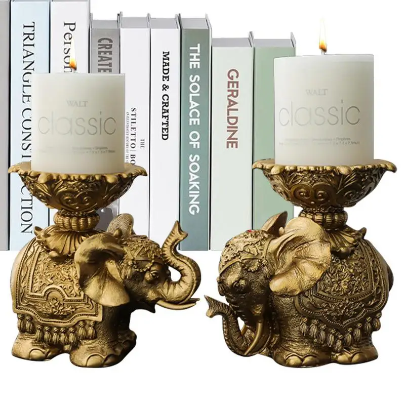 

Pillar Candle Holders 2pcs Vintage Animal Sculpture Candle Stand Resin Decorative Elephant Candle Holder For Party Bar Study