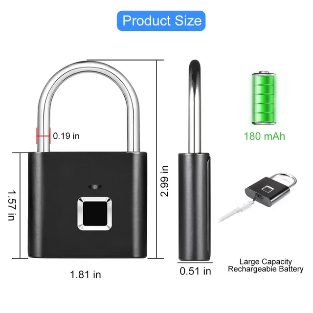 Keyless Smart USB Charging Fingerprint Lock Smart Padlock Waterproof Door Lock 0.3sec Unlock Portable Anti-theft Padlock Zinc 6