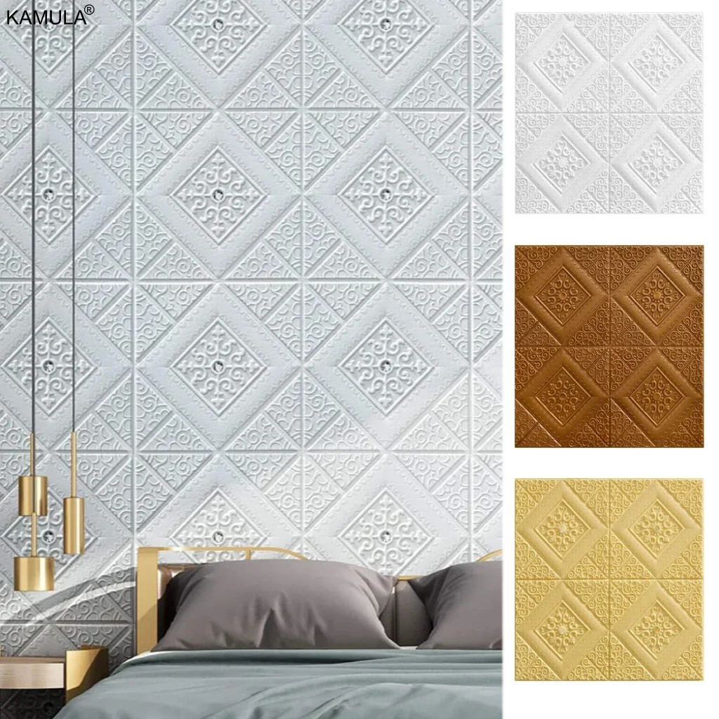 Self-กาว 3Dโฟมสติกเกอร์หลังคาสีทึบหนาแผงเพดานกันน้ําวอลล์เปเปอร์ตกแต่งบ้านตกแต่งนุ่มแผง 1