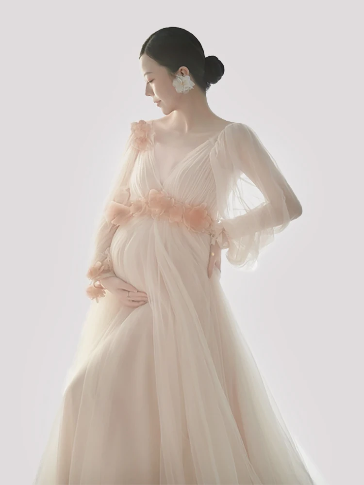 写真撮影のためのエレガントなマタニティドレス妊婦のためのマキシ衣装無地のメッシュvネック妊娠写真