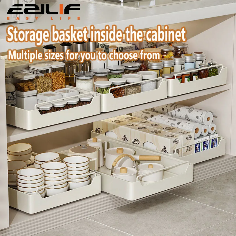 Kitchen Storage Box with Sliding Rail Pull-out Cabinet Storage Rack Spice Pantry Shelves Drawer Kitchen Organizer Basket