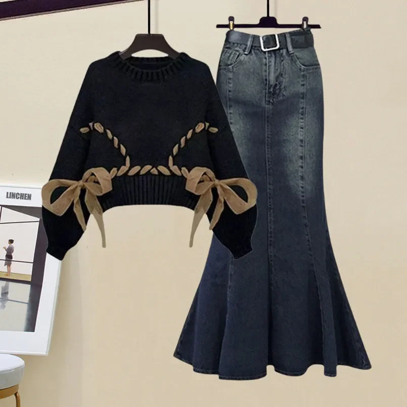 Autumn Gentle Style Women's 2023 New Korean Edition Celebrity Style Knitted Top Denim Fishtail Skirt Two Piece Set
