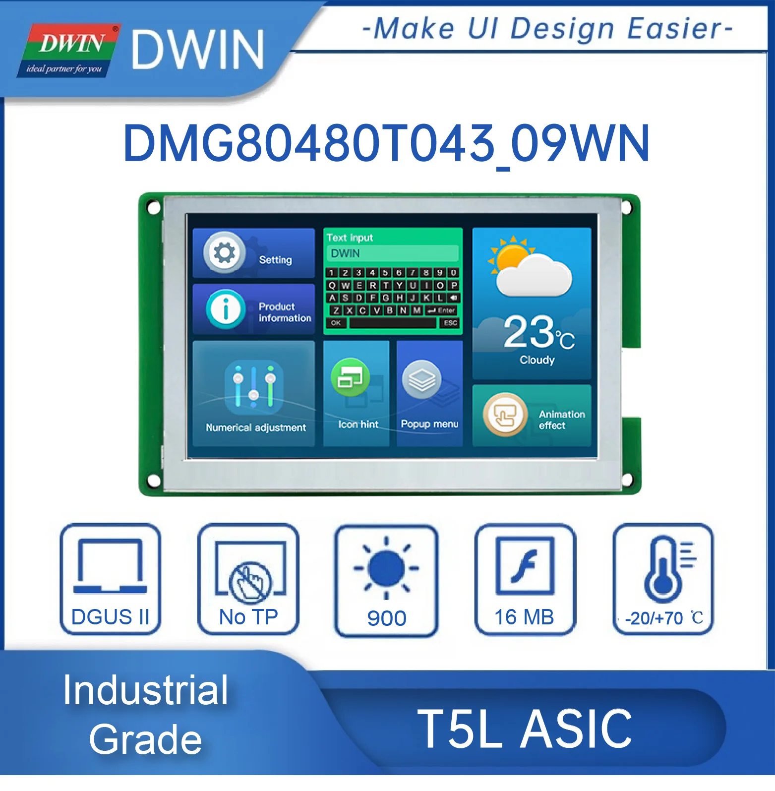 DWIN 900 Nit Ʈ LCD ÷ , 4.3 ġ ֵ ޺ ǵ  RS232 TTL 800x480 UART
