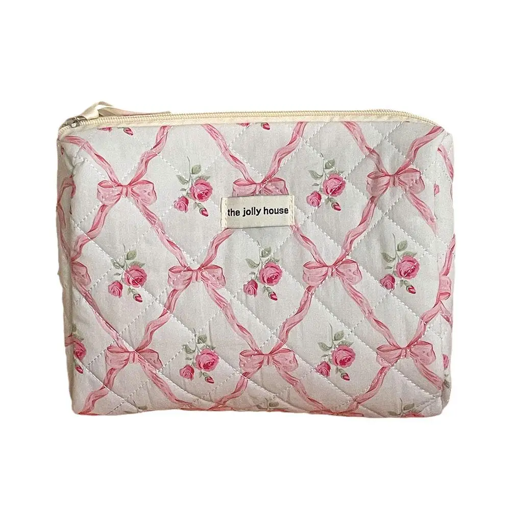 Women Cute Bow Flower Zipper Quilting Cotton Makeup Bag