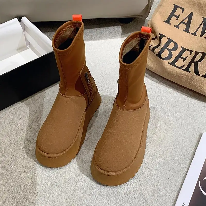 Snow Boots Women's 2023 Winter Soft Leather Flat Bottom Thickened Fashion Slim Elastic Boots  Mid Sleeve Cotton Boots