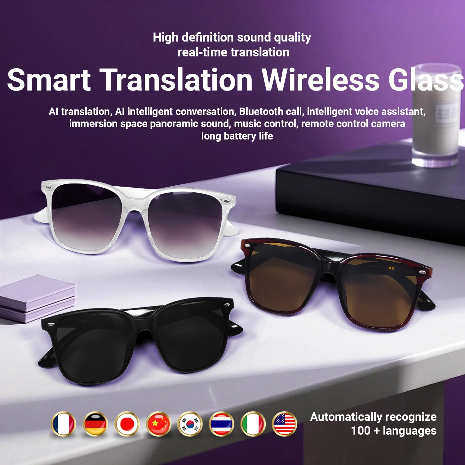 LIGE Smart Bluetooth Sunglasses Wireless Headphones AI Intelligent Translation 100+ Languages Outdoor Sports Calls Music Glasses