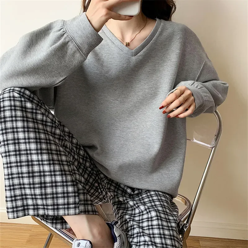New Solid Color Ladies Winter Pullovers Tops Female Ins Women's Patchwork V-neck Casual Loose Autumn Fashionable Sweatshirt 2024