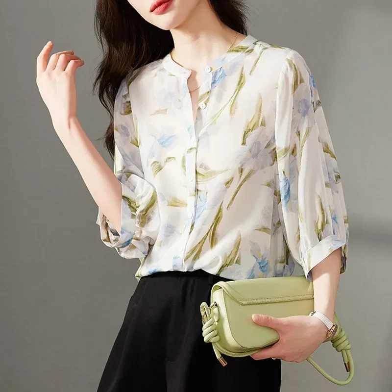 Chiffon Women's Shirt Summer Vintage Prints Blouses Loose Short Sleeves Floral Women Tops O-neck Elegant Clothing 2024 Korean