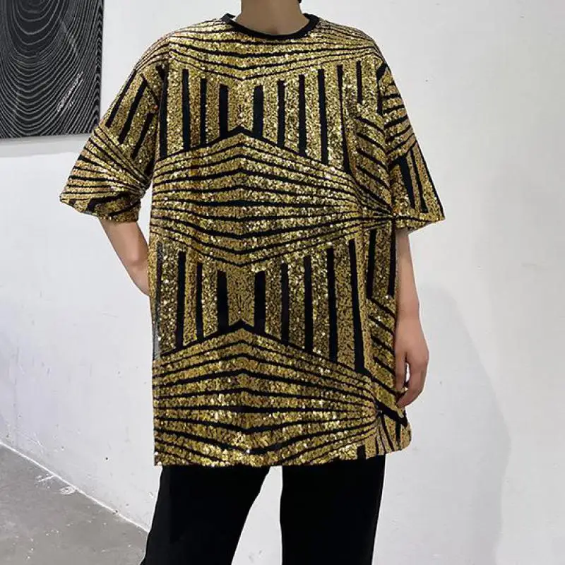 

Футболка с коротким рукавом в стиле оверсайз с золотыми блестками, блестящие Серебристые сценические костюмы для мужчин, танцор, вечерние, хип-хоп, уличная одежда