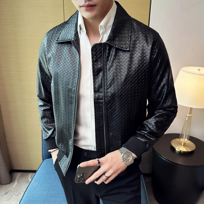 2023 Autumn Winter Men High Quality Woven Leather Jacket Fashion Lapel Business Casual Motorcycle Jacket Brand Social Overcoat 3