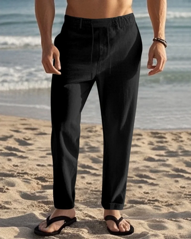 Herren Baumwoll-Leinen Einfarbige Freizeithose mit Elastischem Bund Streetwear Jogging Lose Sporthose