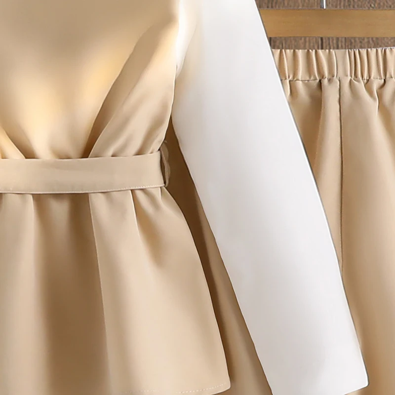 2025 neue Herbst Mädchen Kleidung 2PCS Khaki Drehen Unten Kragen Langarm Patchwork Top & Einfarbig Khaki Hosen für Mädchen Täglich – Detail 6