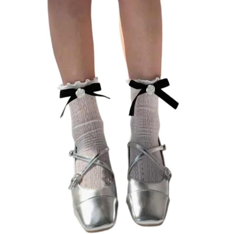 

Women Camellias Flower Bowknot Ankle Socks Teen Girls Hollowed Mesh Cotton Socks