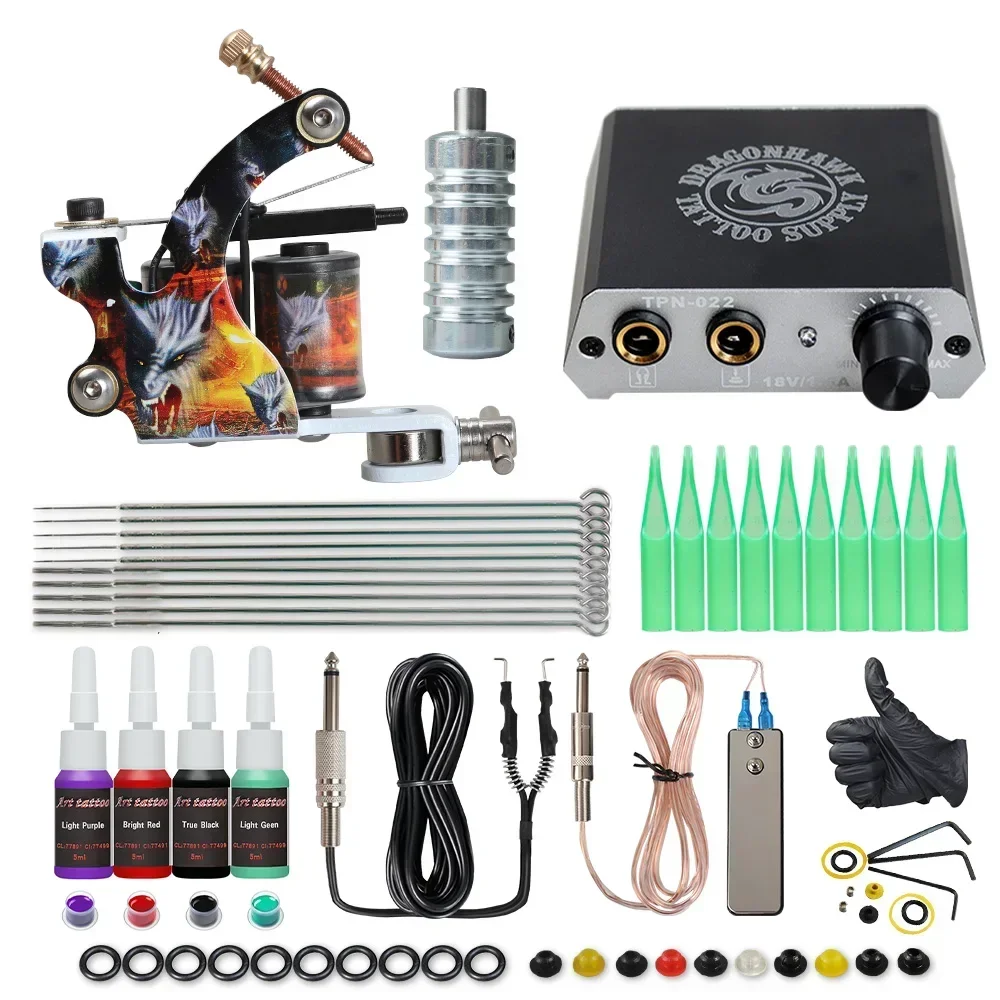 Tattoo Kit Dragonhawk Tattoo Machine Kit Complete Beginner Mini Power Supply Tattoo Gun With Long Needles