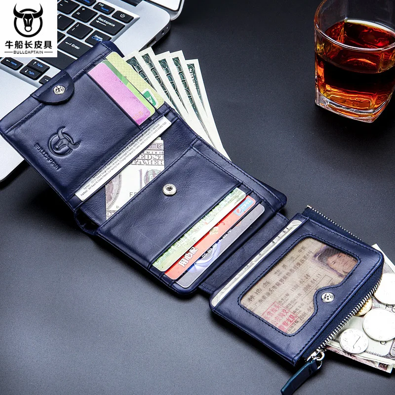 BULLCAPTAIN Men's Wallet Short Coin men's purse Genuine Cowhide  Brand High Quality Designer New Short Wallets cartera mujer