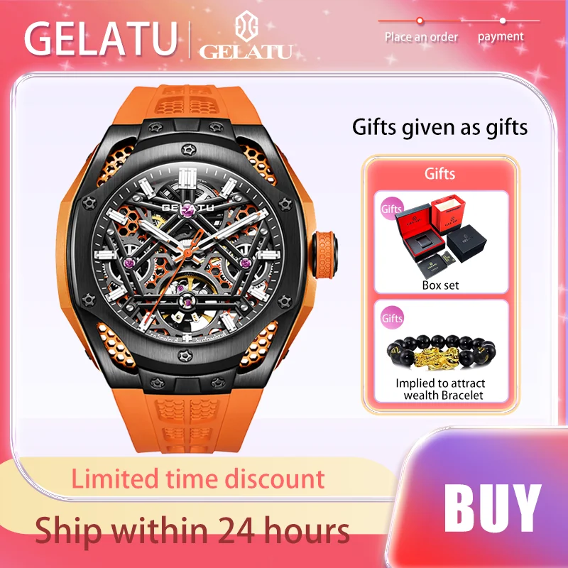 

GELATU Fully Automatic Mechanical Watch Sapphire Mirror Surface Men's Watches Trend Waterproof Skeleton Luminous Male Wristwatch