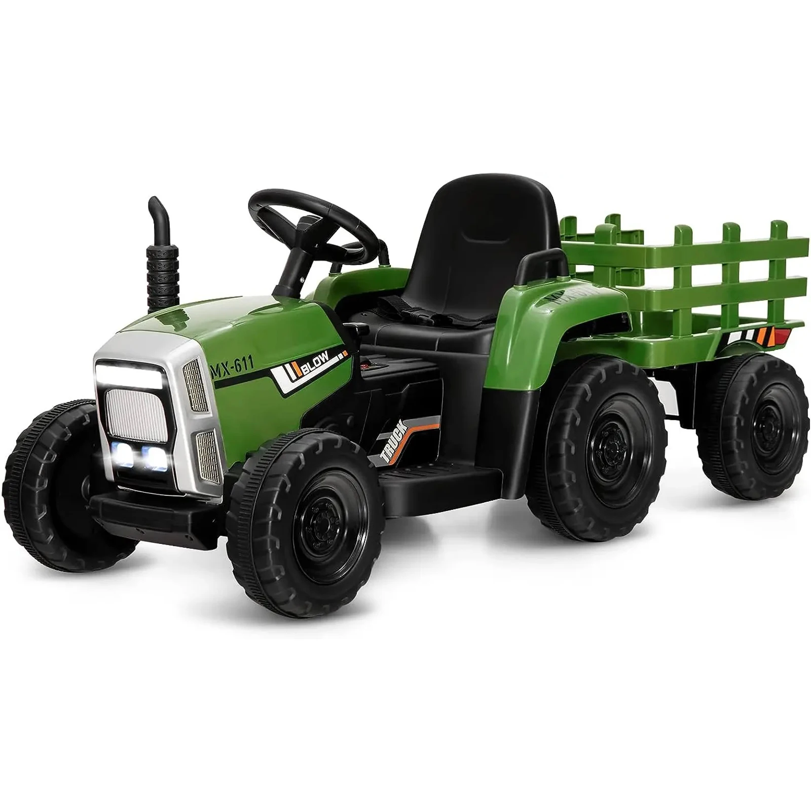 

HNW Ride on Tractor w/ Trailer 12V Battery Powered Electric Vehicle Toy 3-Gear-Shift Ground Loader, LED Lights, Kids Ride on Car