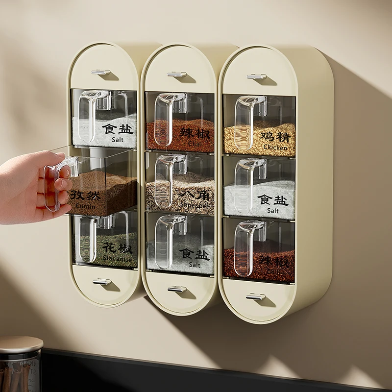 Wall mounted Seasoning Box Salt Pepper Spice Rack Jar Sugar Bowl Spice Box Organizer Kitchen Organizer Set Storage Shelf seasoning box
