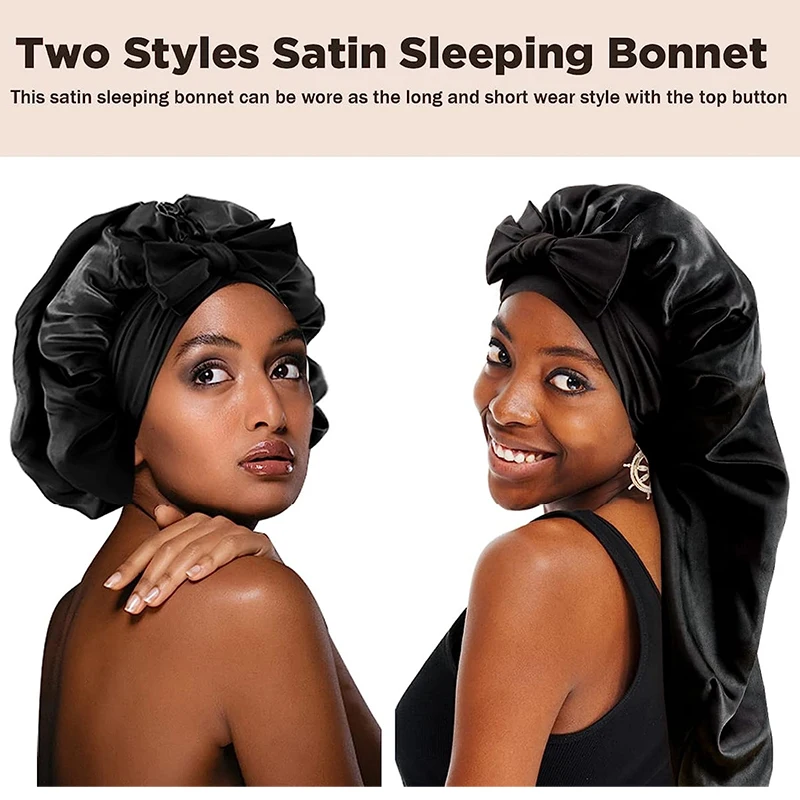 New Women Long Satin Bonnet Sleep Cap Silky Sleeping Cap with Wide Elastic Band Hair Care Curly Hair Natural Hair 2