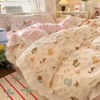 Sweet Vintage Floral Ruffle Cute Ruffles Bedding Set Twin Single Double Queen Soft Duvet Cover Bed Sheet Pillowcases 4Pcs 1
