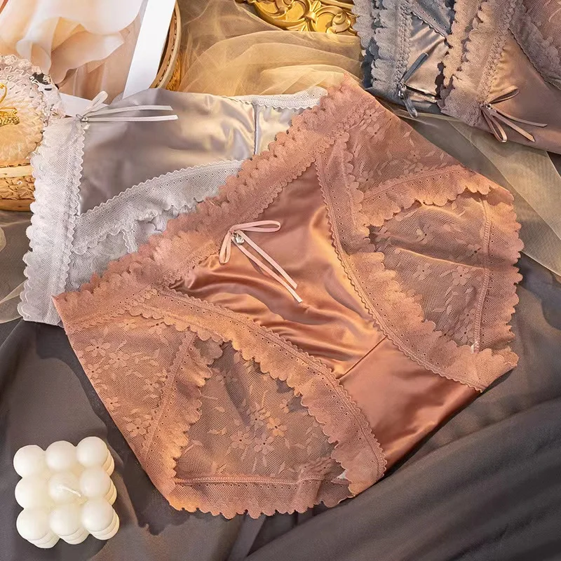 

Mid-Waist Lace Women's Sexy Panties Women's Satin Comfortable Seamless Breathable Skin-Friendly Jacquard Large Size Briefs