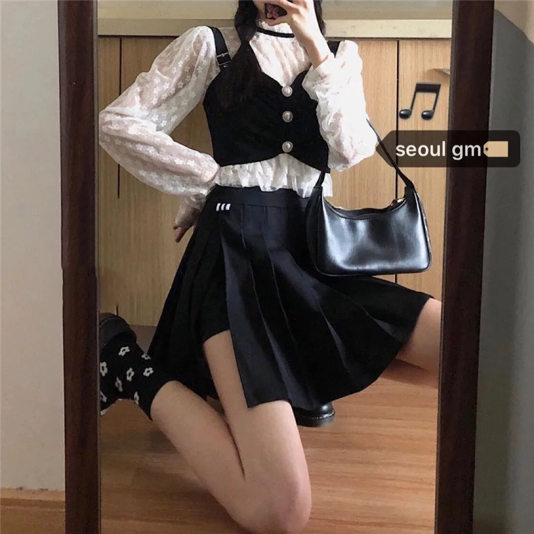 Ygolonger 3Piece New Korean Stytle High Collar Top  Suspender Vest Pleated Skirt Women's Spring Autumn Fashion Daily Wear Suit