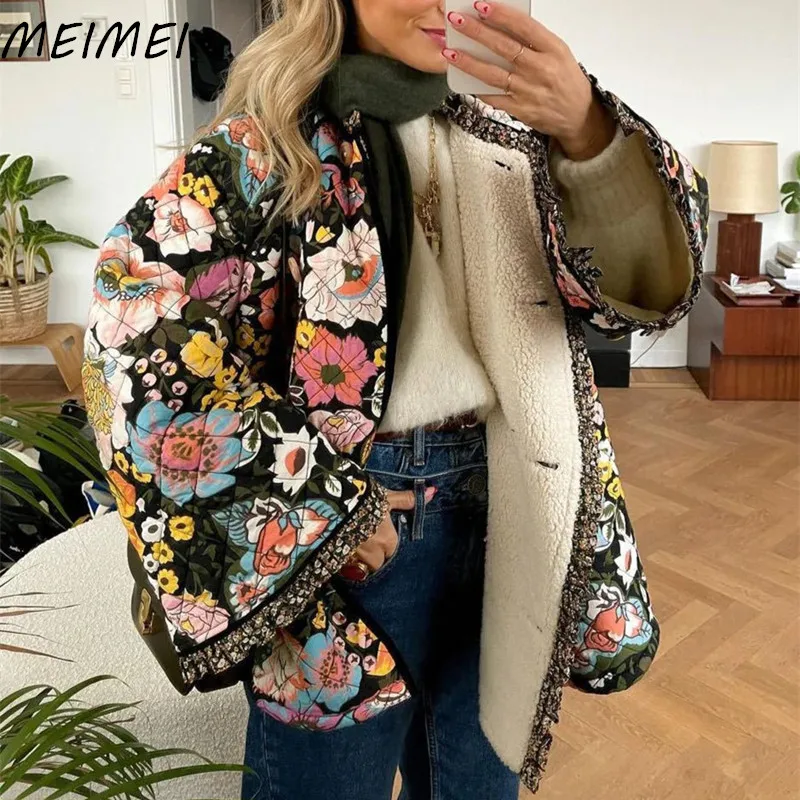 

Colourful Contrast Flower Printed Women Coats Vintage Flare Sleeve Single Breasted Spliced Jackets Autumn Winter Warm Outerwears