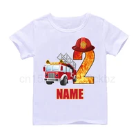Baby Boys Cool Firefighter Car Birthday Numbers Name T-Shirt Children Girls Happy Birthday T Shirt Kids White Tops 2