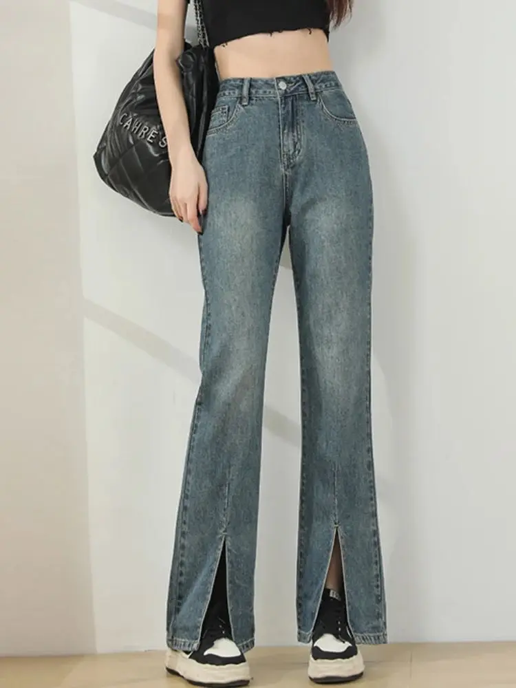 

Women High Waist Jeans Chic Fashion Slit Flare Denim Pants 2023 Fashion Vintage Casual Straight Trousers Streetwear Jeans Pants