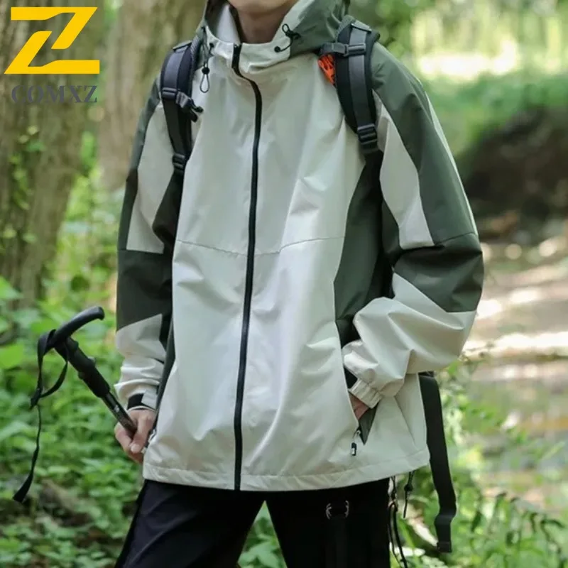COMXZWindbreaker Colorblock Hooded  Men Women Yama Style Waterproof Windproof Multi-Pocket  Coat for Camping Fishing Hiking 2025