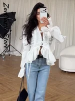Chemisier plissé à volants pour femme, style urbain, uni, à simple boutonnage, manches longues, coupe courte, nouvelle collection printemps décontractée 2
