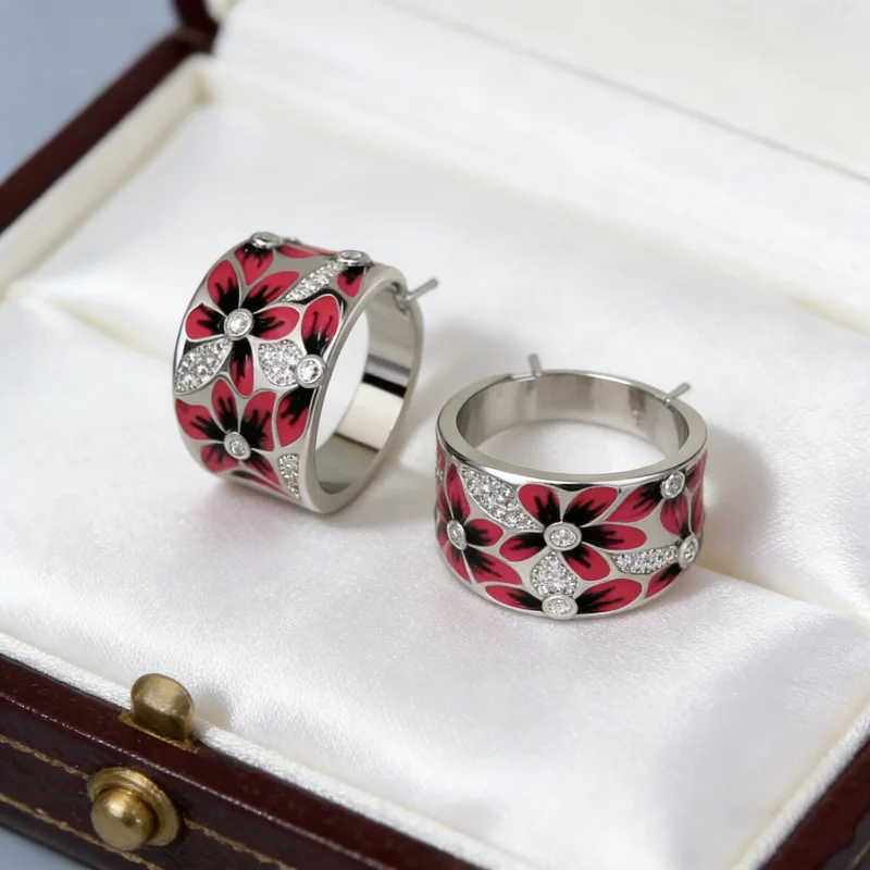 Charming Vintage Red Enamel Flower Ring in Silver Tone