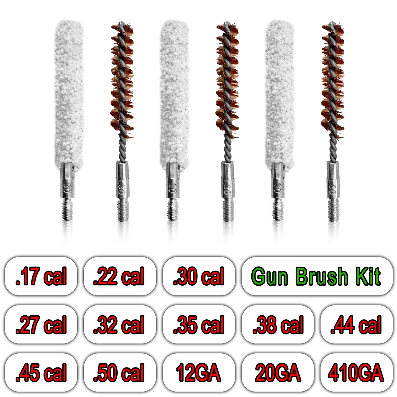 Gun Cleaning Bore Bronze Mop Brush Set 12GA .22 .223 etc for Shotgun Pistol