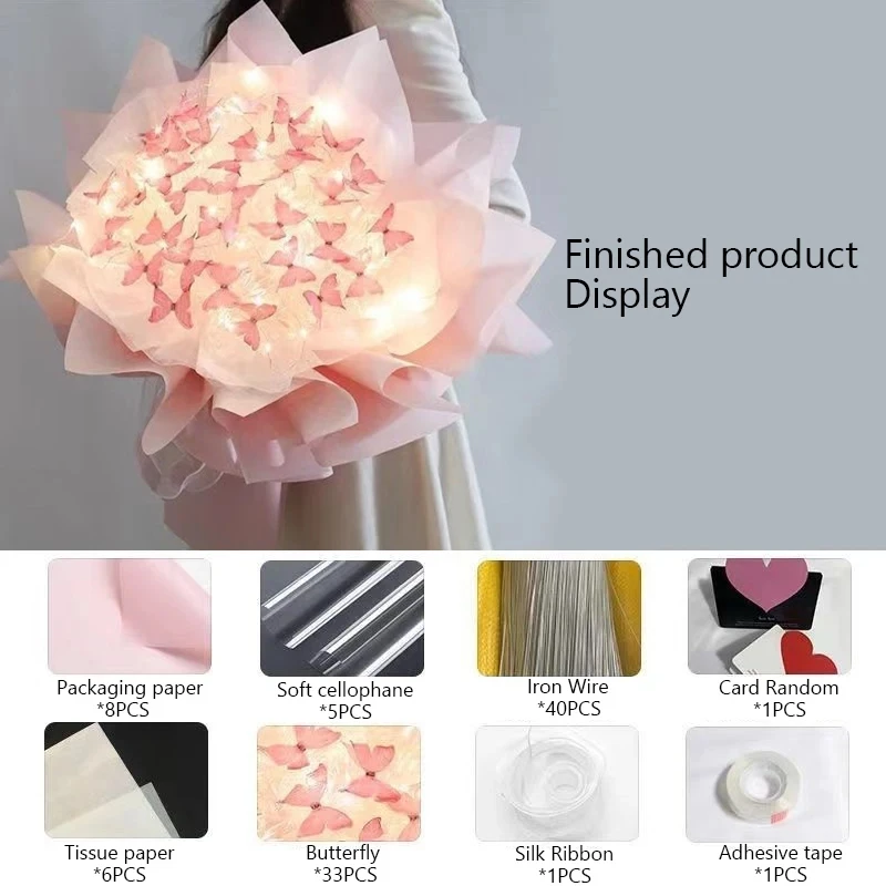 Handgemachte Schmetterlings sträuße Material gesetzt mit Lichts chnur Blumen paket Geschenk papier Hochzeit Geburtstags feier Dekoration Geschenk – Detail 9