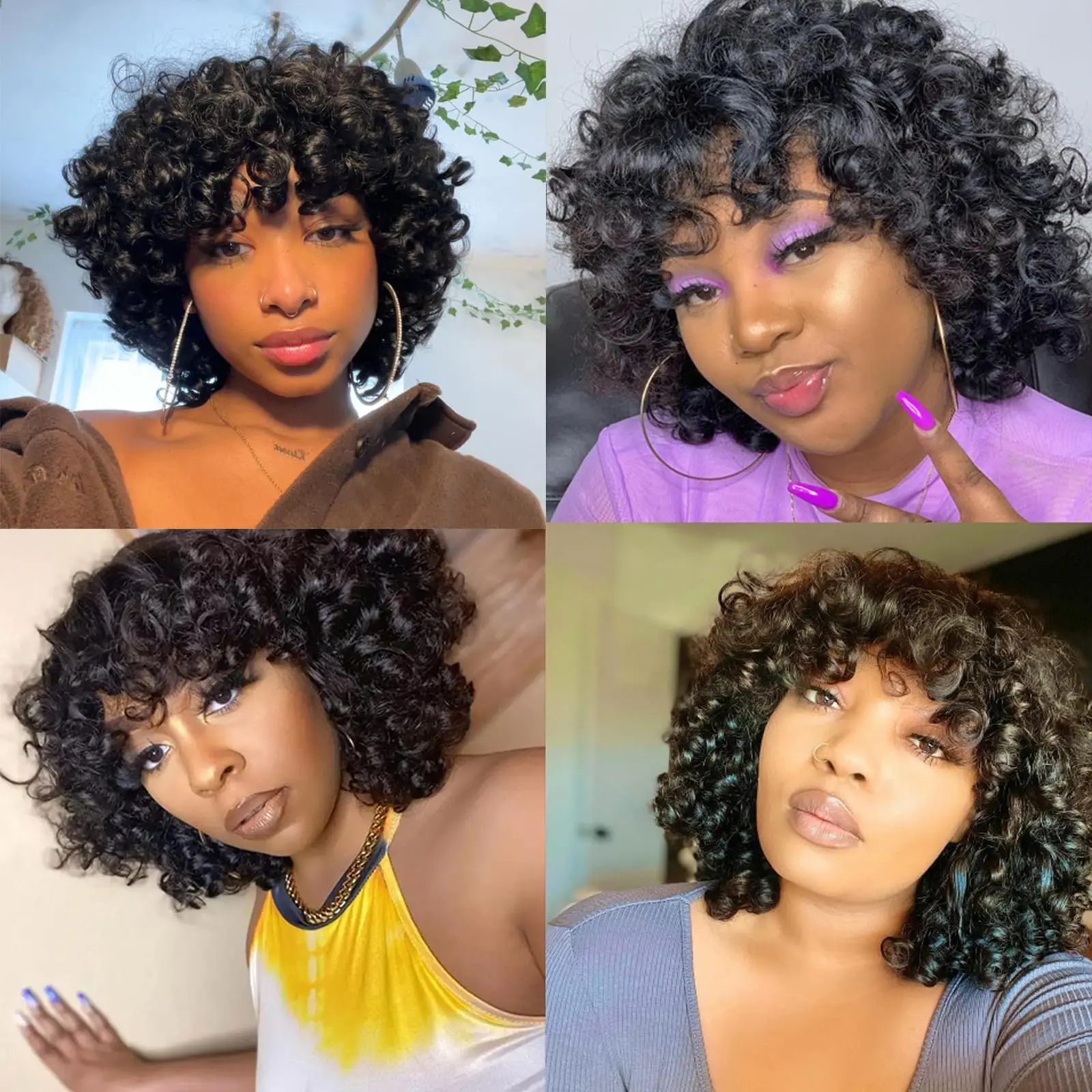 Brazilian Fumi Curl Human Hair Bob Wigs With Bang For Black Women Wonderful Black Dark Remy Bob Hair Machine Made Cheap Wigs