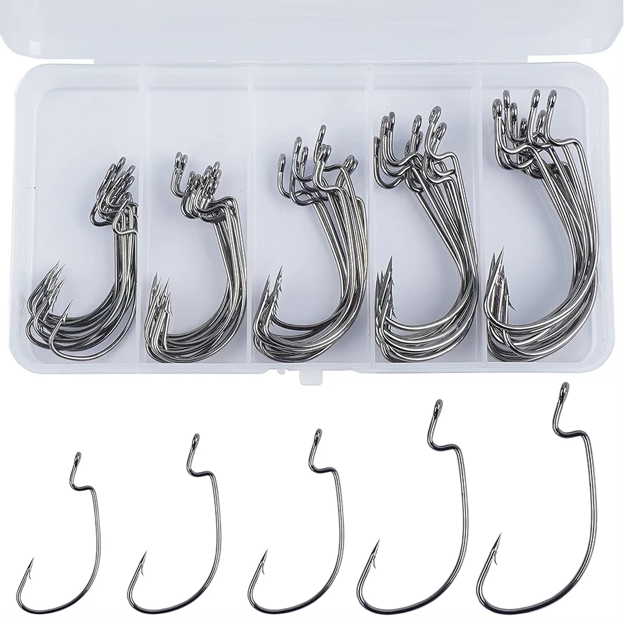 Description Picture 2 of item50pcs/box Fishing Hooks Set Crank Barbed Hook High Carbon Steel Wide Gap Offset Fishhook Soft Worm Hook
