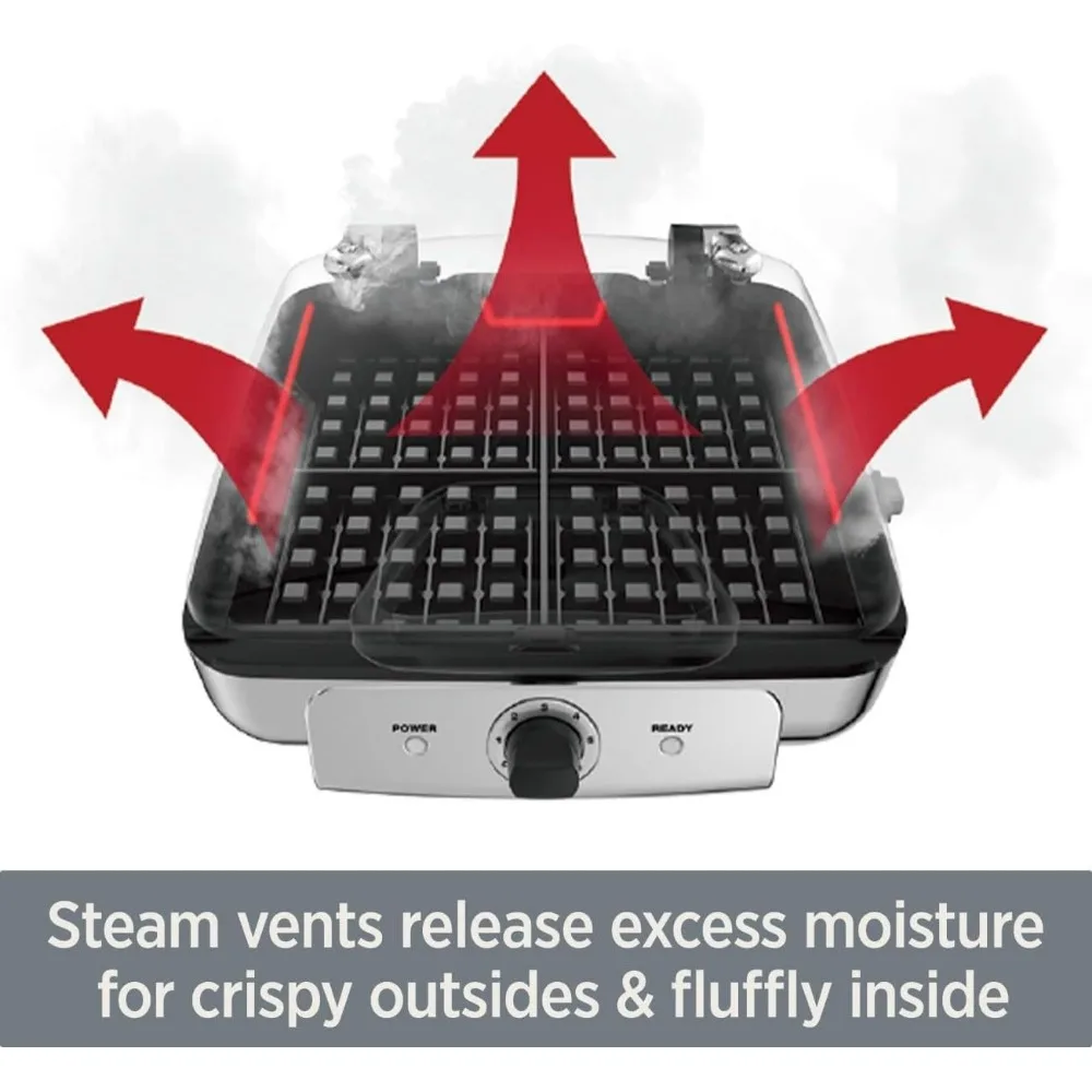 Electrics Stainless Steel Waffle Maker 4 Section Nonstick, Upright Storage 1600 Watts 6 Browning Levels, 5