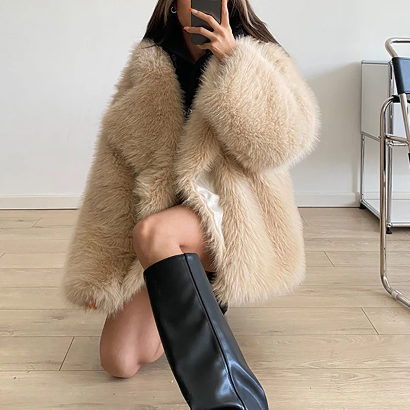 Autumn Winter New Turn-down Collar Imitation Fur Coat Female Korean Version Solid Loose Mid-length Jacket Warm Fashion Cardigans