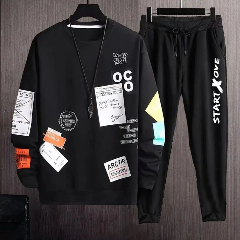 

Men Sportswear Set Hip Hop Letter Print Men's Tracksuit Set with Drawstring Elastic Waist Loose Sweatshirt Long Sleeve for Fall