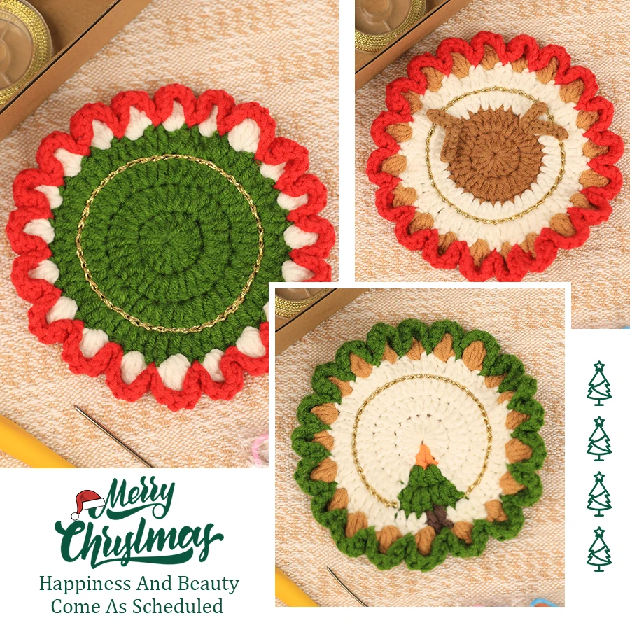 Sewing DIY Crochet Coaster Kit With Hand Knitting Yarn Needles Plush Doll Easy for Starter Includes Enough Yarn Hook Accessories