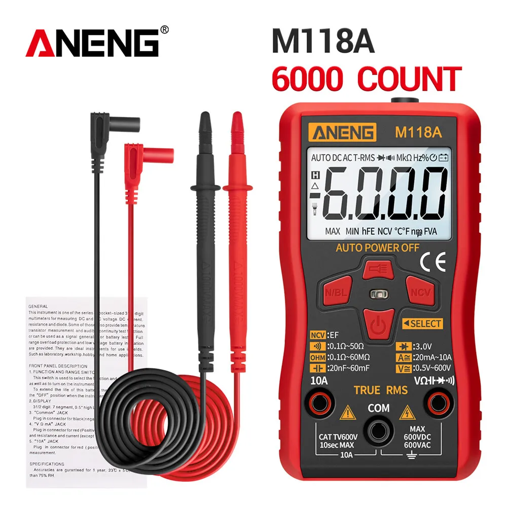 

ANENG M118A Digital Mini Multimeter Tester Auto Mmultimetro True Rms Tranistor Meter with NCV Data Hold 6000counts Flashlight