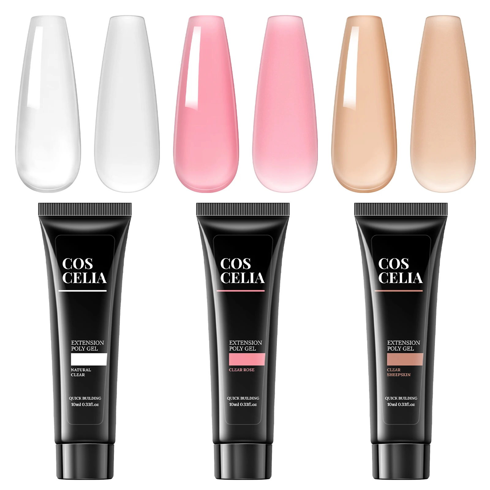 COSCELIA Poly Nail Gel Set 3 Colors 10ml Nail Extension Gel Quick Buildering Nails Gel Set White Pink Transparent Nude Glitter 2